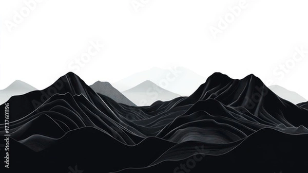 Fototapeta Abstract black mountains against a white background.  A series of dark, sculpted mountain ranges.  Soft, hazy light on distant peaks.  Digital, artistic rendering