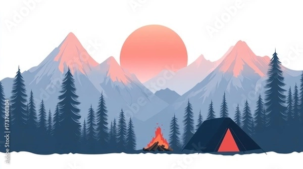 Fototapeta A tranquil mountain landscape at sunset, featuring a campfire and a tent nestled in a pine forest
