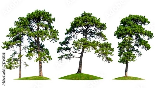 Fototapeta Three pine trees on grassy mounds