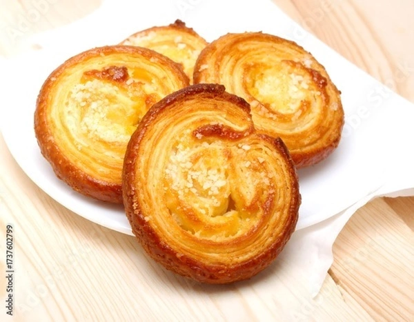 Fototapeta Three sugared pastries on a white plate