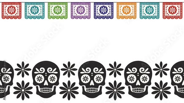 Fototapeta Traditional day of the dead sugar skull and papel picado banner border design for celebrations