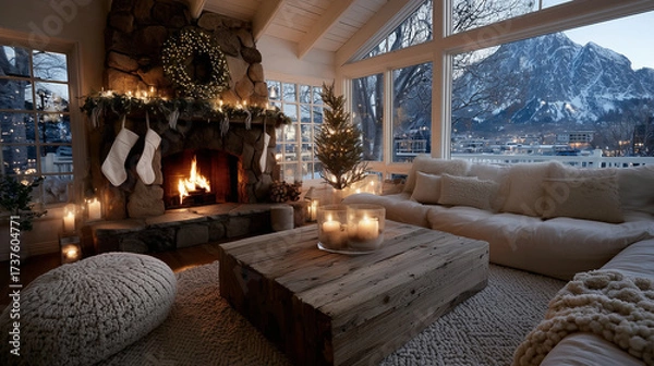 Obraz Cozy Christmas living room in log cabin – Wooden fireplace with wreaths and candles, snowy window view and decorated tree for holiday designs
