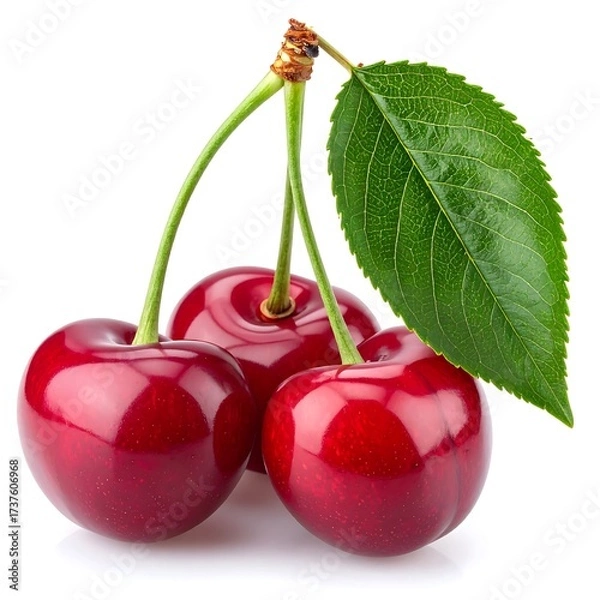 Obraz Three vibrant red cherries with a leaf