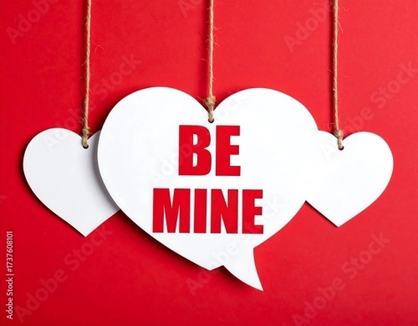 Obraz Three white hearts with red text on a red background