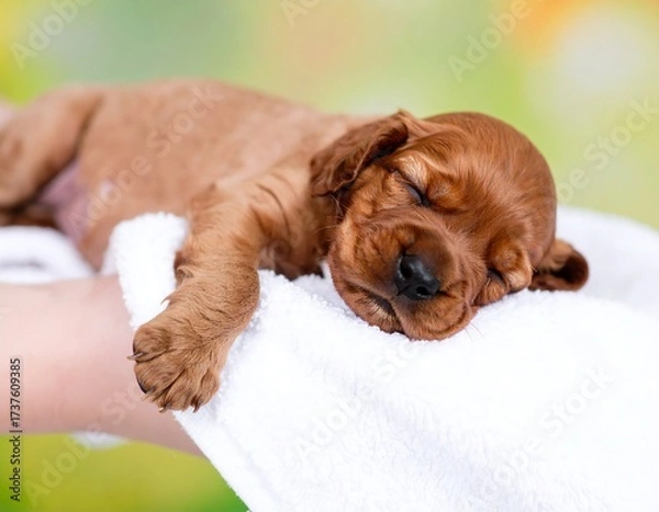 Obraz Tiny reddish-brown puppy sleeping peacefully on a soft white towel