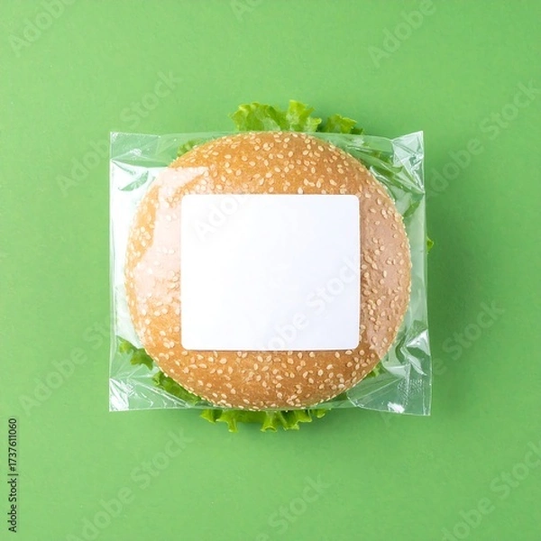 Fototapeta Top-down view of a hamburger in clear plastic wrap on a vibrant green background.  A blank square label is on the bun