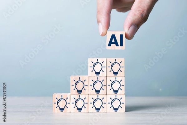 Fototapeta Business Concept : 4Steps of Wood Cubices with Light Blubs on wood table Blue tone. Creative Thinking and Problem by AI.