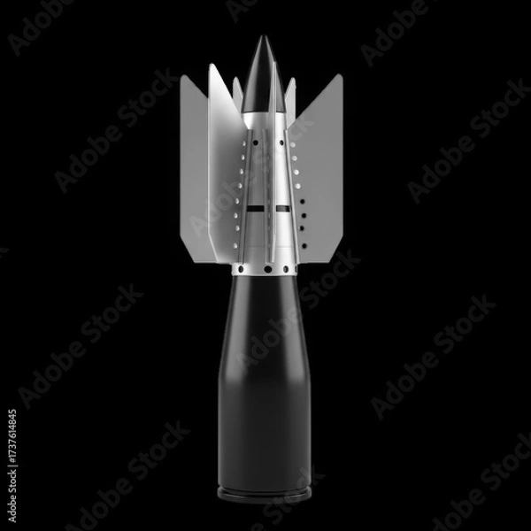Fototapeta A 3d render of a military projectile with fins and a pointed nose, isolated on a black background