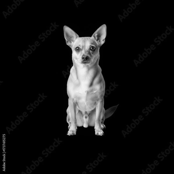 Fototapeta A small chihuahua dog sits attentively in front of a black background, captured in a black and white studio portrait