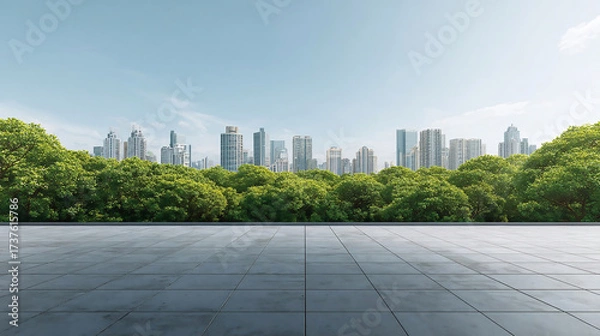 Fototapeta Empty square floor and green forest with city skyline on a sunny day