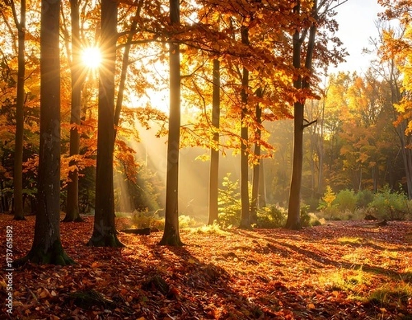 Fototapeta Golden sun rays filter through colorful autumn forest trees