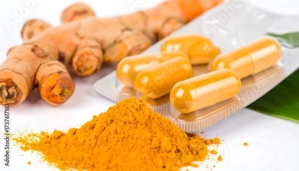 Obraz Turmeric root, powder, and capsules on white background