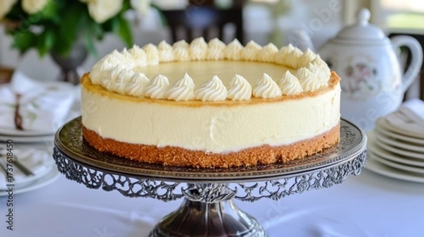 Fototapeta A creamy cheesecake sits on a decorative stand, surrounded by fine tableware and fresh flowers