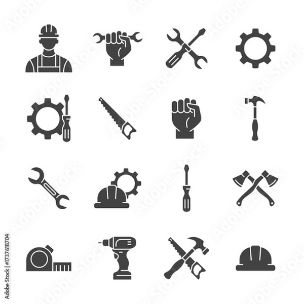 Fototapeta Labor glyph icon set. Vector collection with worker, hand with wrench, screwdriver, gear, saw, helmet, roulette, hammer.