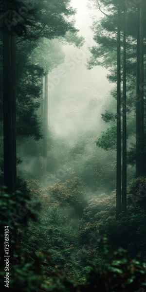 Fototapeta Tall trees rise from a dense mist, creating a serene green landscape filled with soft fog in the early morning