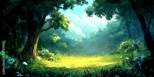 Fototapeta A bright clearing in a serene forest, illuminated by gentle sunlight, surrounded by dense trees and colorful flowers, creating a peaceful atmosphere