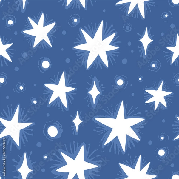 Fototapeta Abstract magic cosmic sky in white and blue colors. Vector hand drawn seamless pattern with white stars and crystals. Design for textile print, page fill, wrapping paper, web, cover