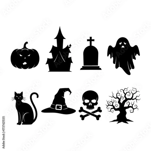 Fototapeta Collection of spooky halloween silhouette icons featuring pumpkins ghosts and haunted houses vector