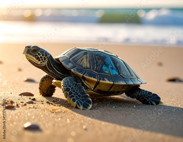 Fototapeta Turtle on sandy beach at sunrise