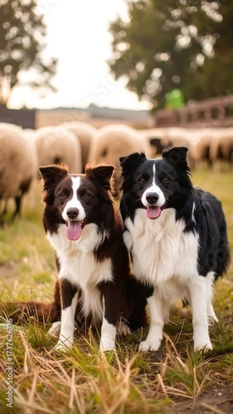 Fototapeta Two Border Collies in a field with sheep