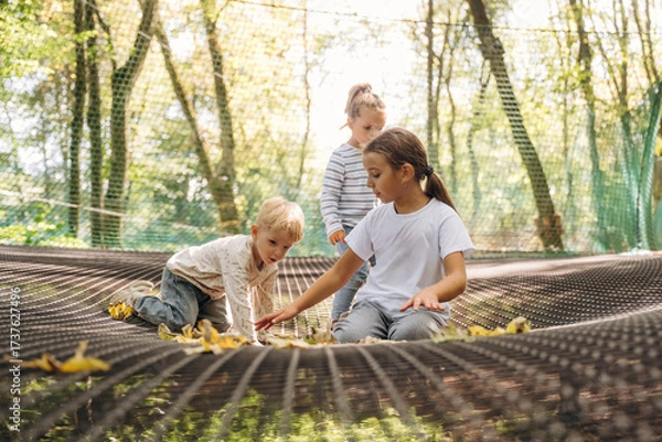 Obraz Kids are playing on the children's amusement ropes course
