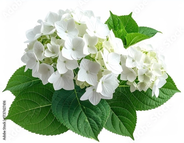 Obraz White hydrangea flower head with green leaves