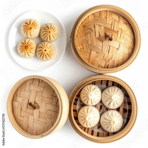 Obraz Steamed buns, two bamboo baskets, plate. Top-down view