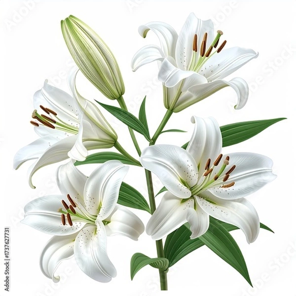 Obraz White lilies cluster, blooming and budding, with green leaves