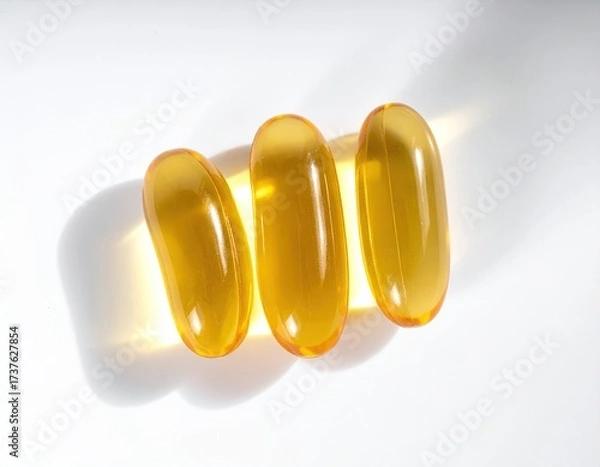 Obraz Three golden gel capsules in a row, casting warm shadows