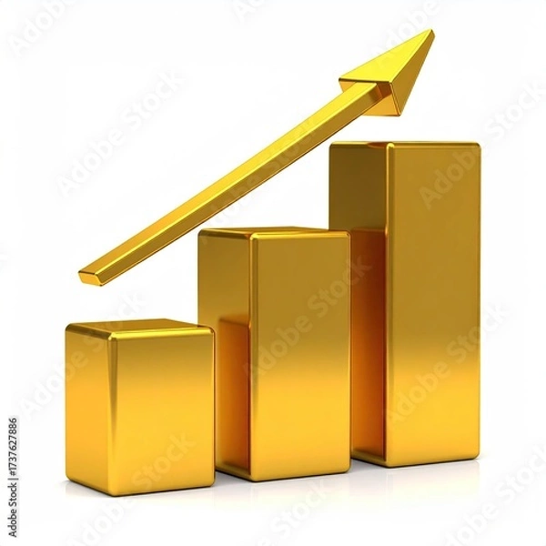 Obraz Gold bar graph with upward arrow on white