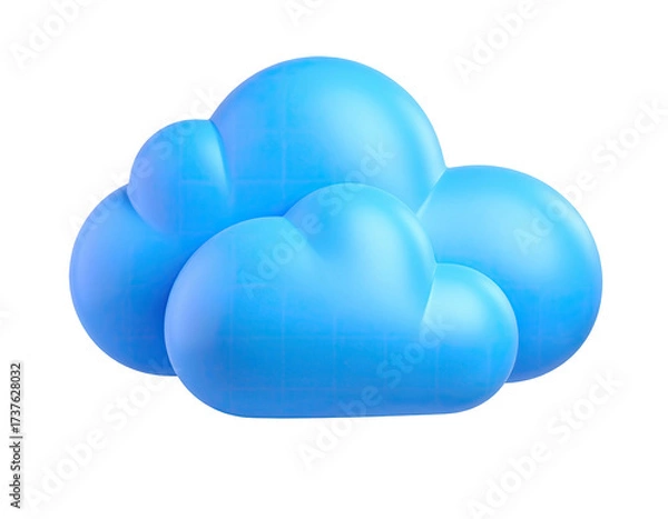 Fototapeta A stylized, 3D, blue, puffy cloud icon isolated on a stark black background