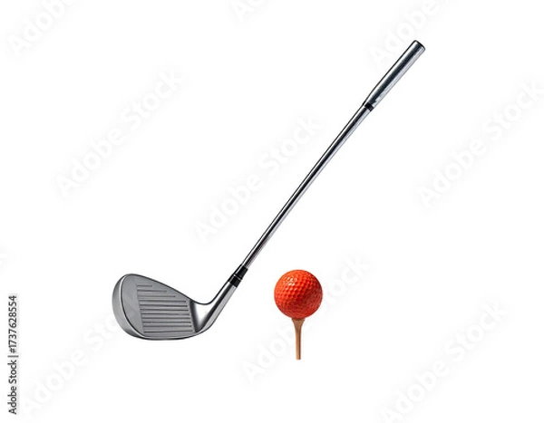Fototapeta A golf club angled towards a red ball on a tee against a stark black background