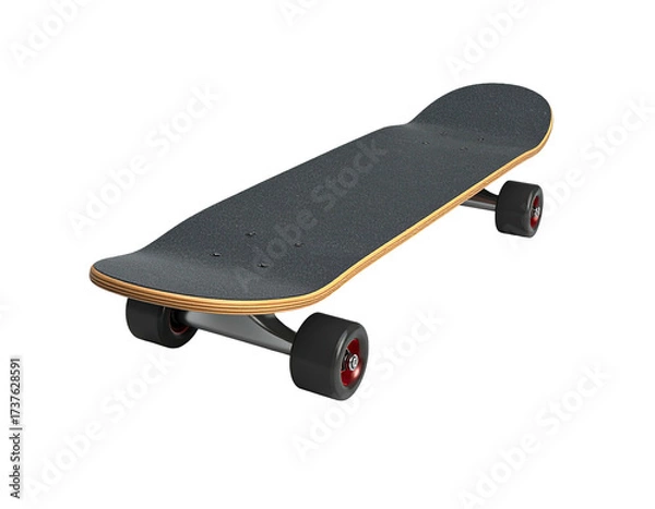 Fototapeta A 3D rendering of a skateboard against a black background, angled view