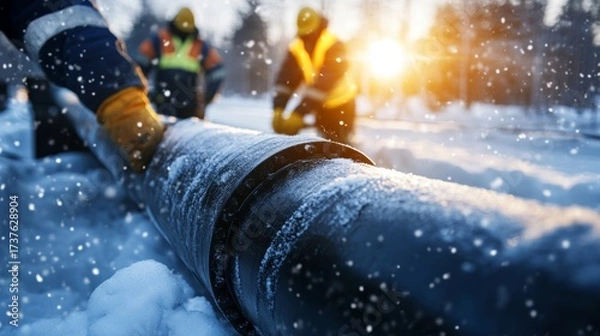 Fototapeta Workers repairing a pipeline in snowy conditions during sunset in a winter landscape