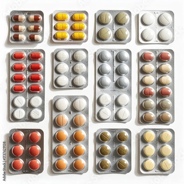 Obraz Various pills & capsules in foil blister packs, arranged