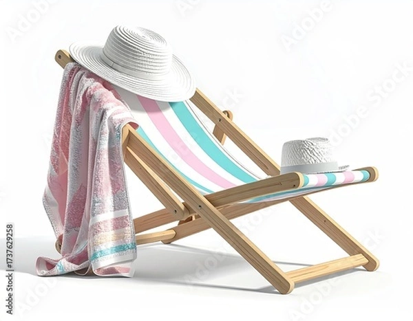 Obraz Striped deckchair with hat and towel against a white backdrop