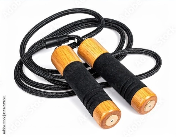Obraz Jump rope w/ wooden handles and black rope on white