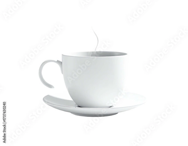 Fototapeta A white cup of steaming beverage on a matching saucer, against a dark background