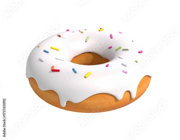 Fototapeta Rendered donut with white frosting and colorful sprinkles on a black backdrop