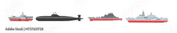Obraz military boats and different type of naval combat ship set  vector illustration