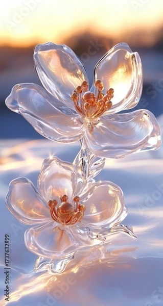 Fototapeta Glassy flower sculptures on snow, lit by warm, hazy light