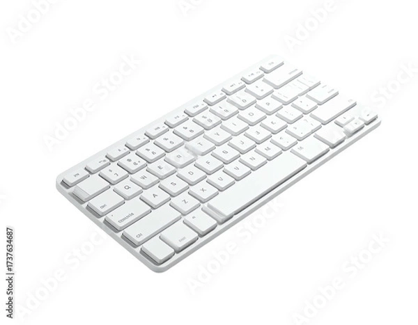 Fototapeta Angled shot of a white, compact keyboard against a stark black background