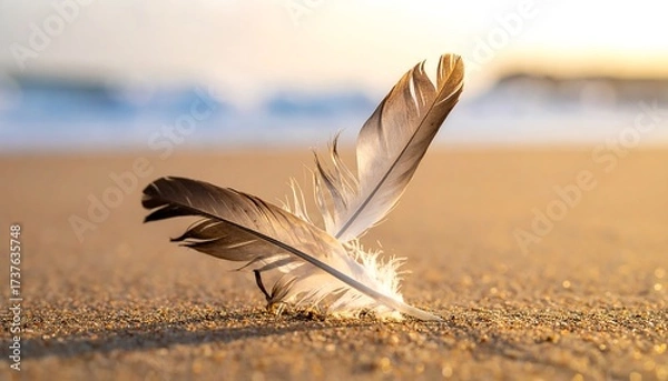 Fototapeta Two feathers on sandy beach at sunrise