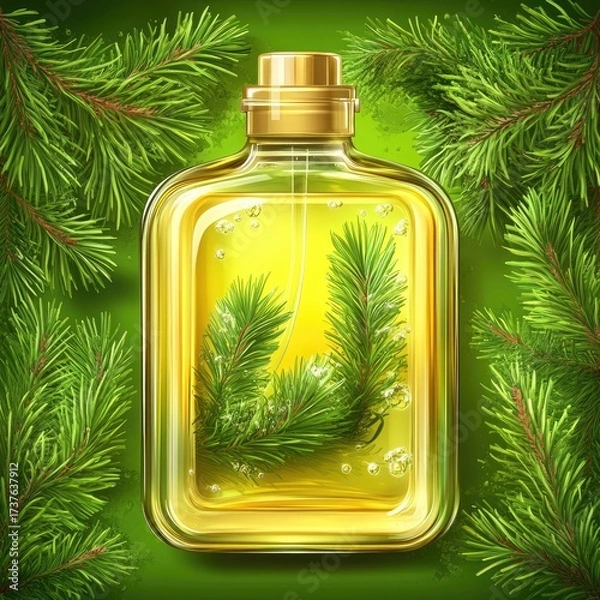 Fototapeta Yellow liquid in bottle, with pine branches inside and around