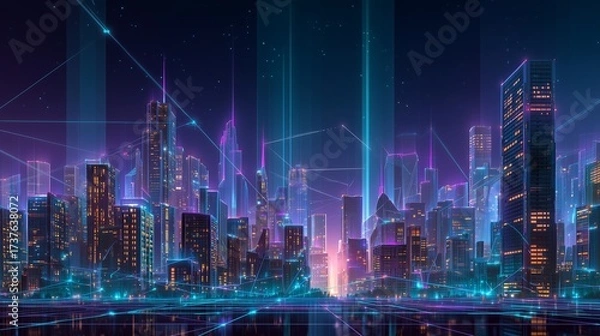 Fototapeta Futuristic smart city skyline at night glowing with neon lights, digital mesh lines connecting buildings, cyberpunk atmosphere
