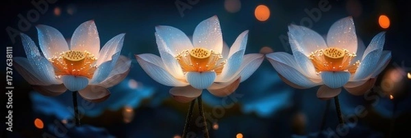 Fototapeta Three luminous lotus blossoms against dark backdrop