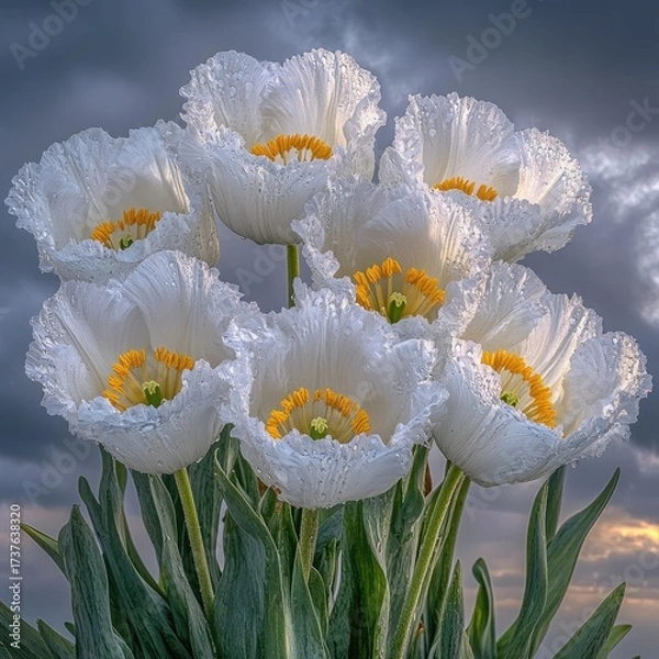 Fototapeta White poppy blooms against dramatic, cloudy sky, soft lighting