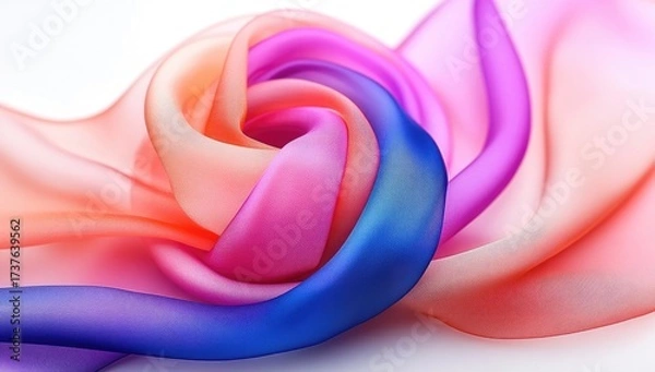 Fototapeta Swirling colorful fabric softly curved on a white surface