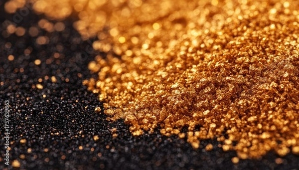 Fototapeta Gold and black granular material, close-up, bokeh texture