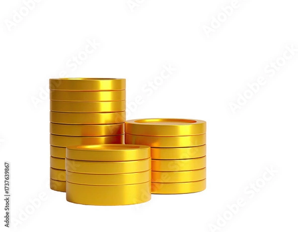 Fototapeta Three stacks of shiny, golden coins arranged against a stark, black backdrop